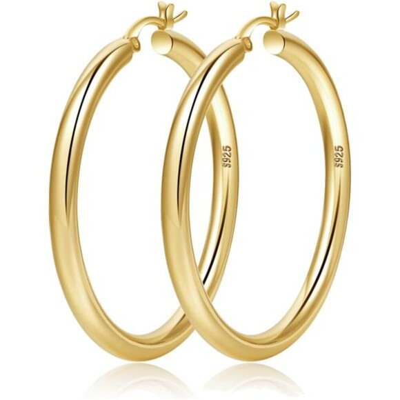 Gold Chunky Hoop Earrings Lightweight Hypoallergenic Sterling Post 20 30 40mm - Picture 1 of 7